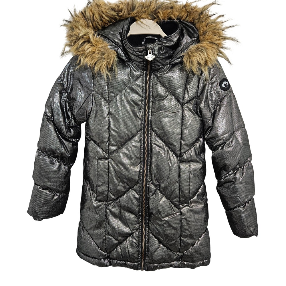 Appaman Girls Puffer Coat Faux Fur Hood Quilted Parka Metallic Silver Size M 8